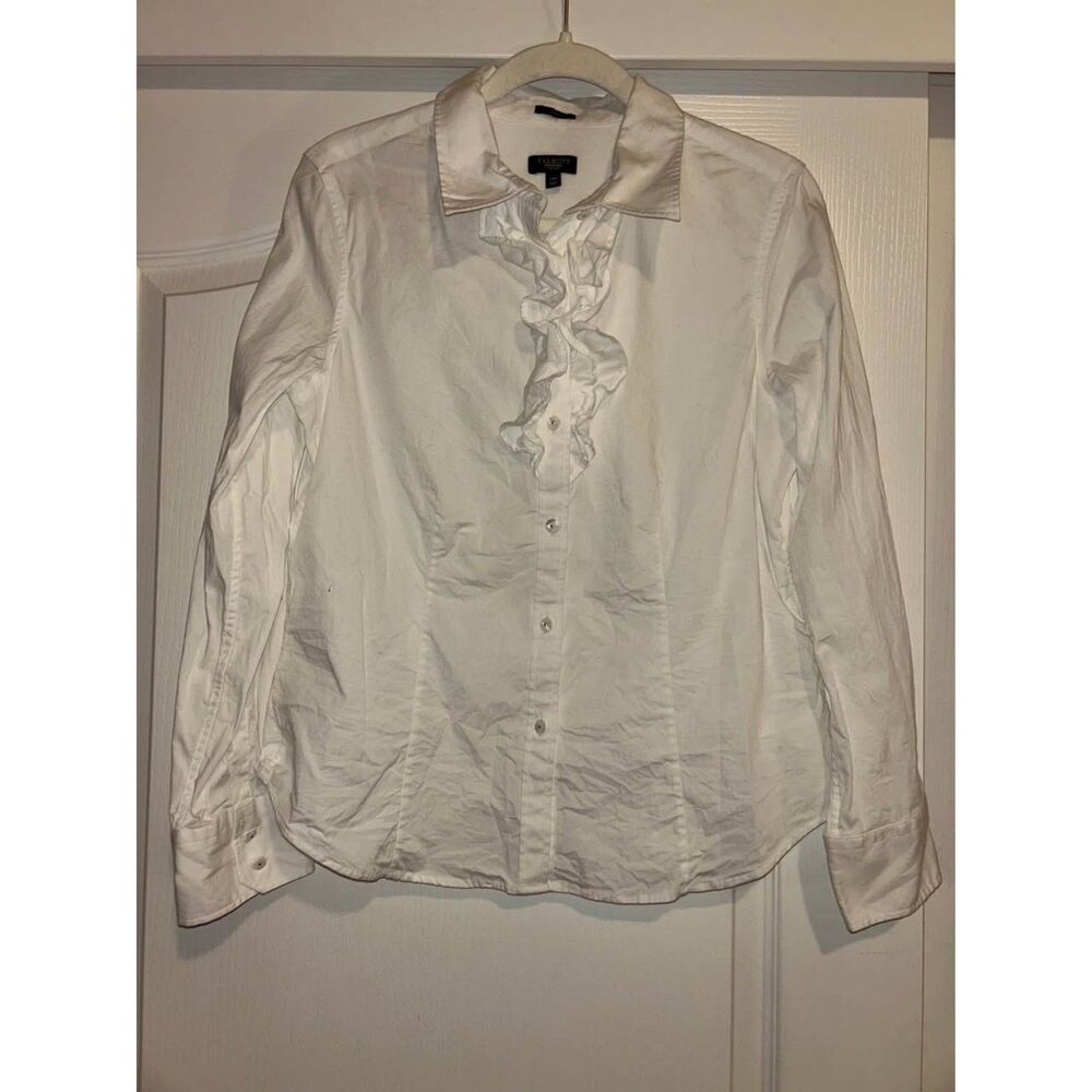 Talbots long sleeve button up ruffle tuxedo front blouse shirt 14P fits like 12P